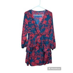 UGUEST Long Sleeve V Neck Dress Floral Mini Red - Black  Cocktail, Casual  Sz LG